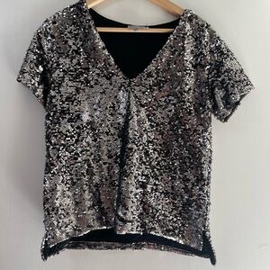 Anthropologie Black and Silver Sequin Short Sleeve Top Vanessavirginia